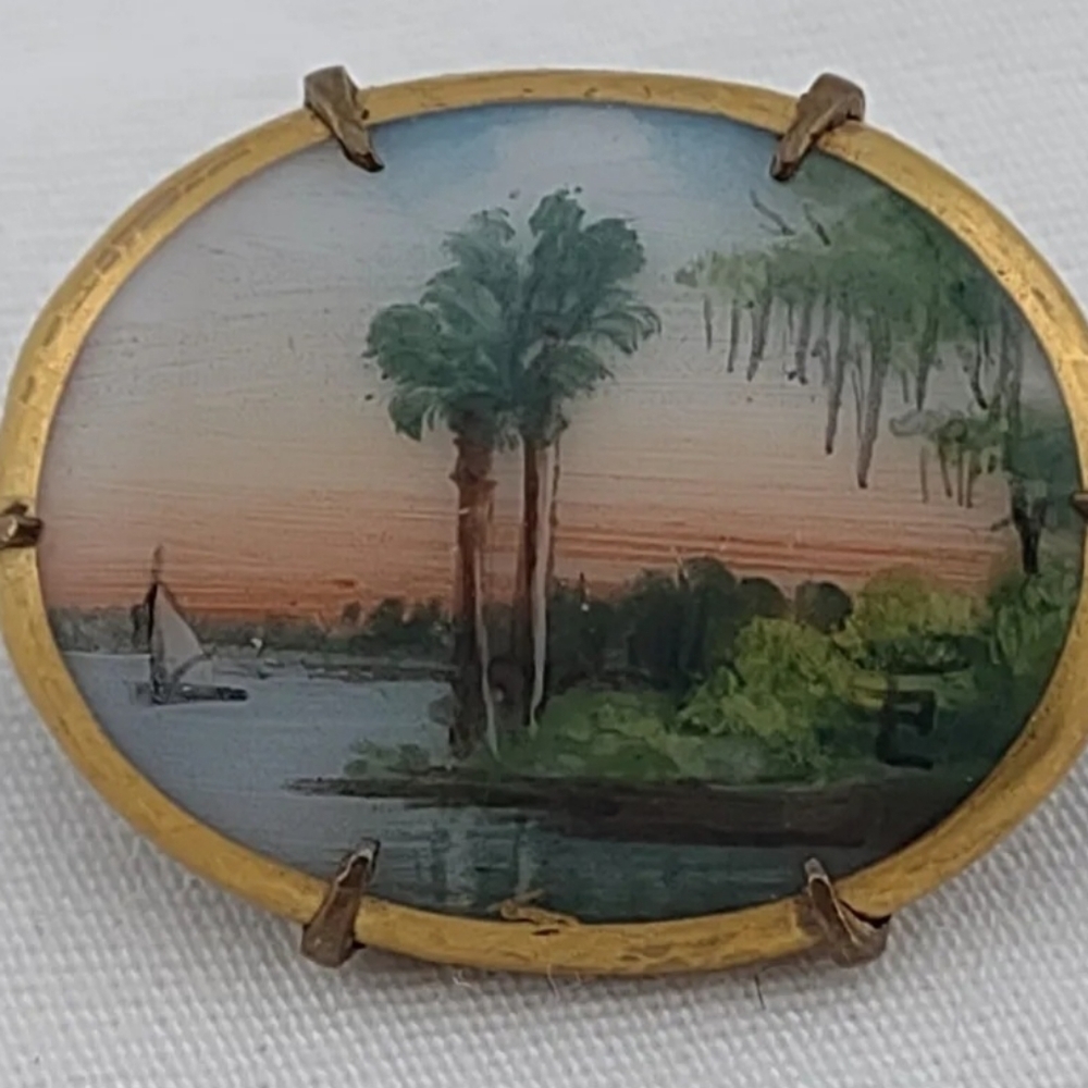 Vintage Olive Commons Florida brooch seascape palm trees sailboat See Details